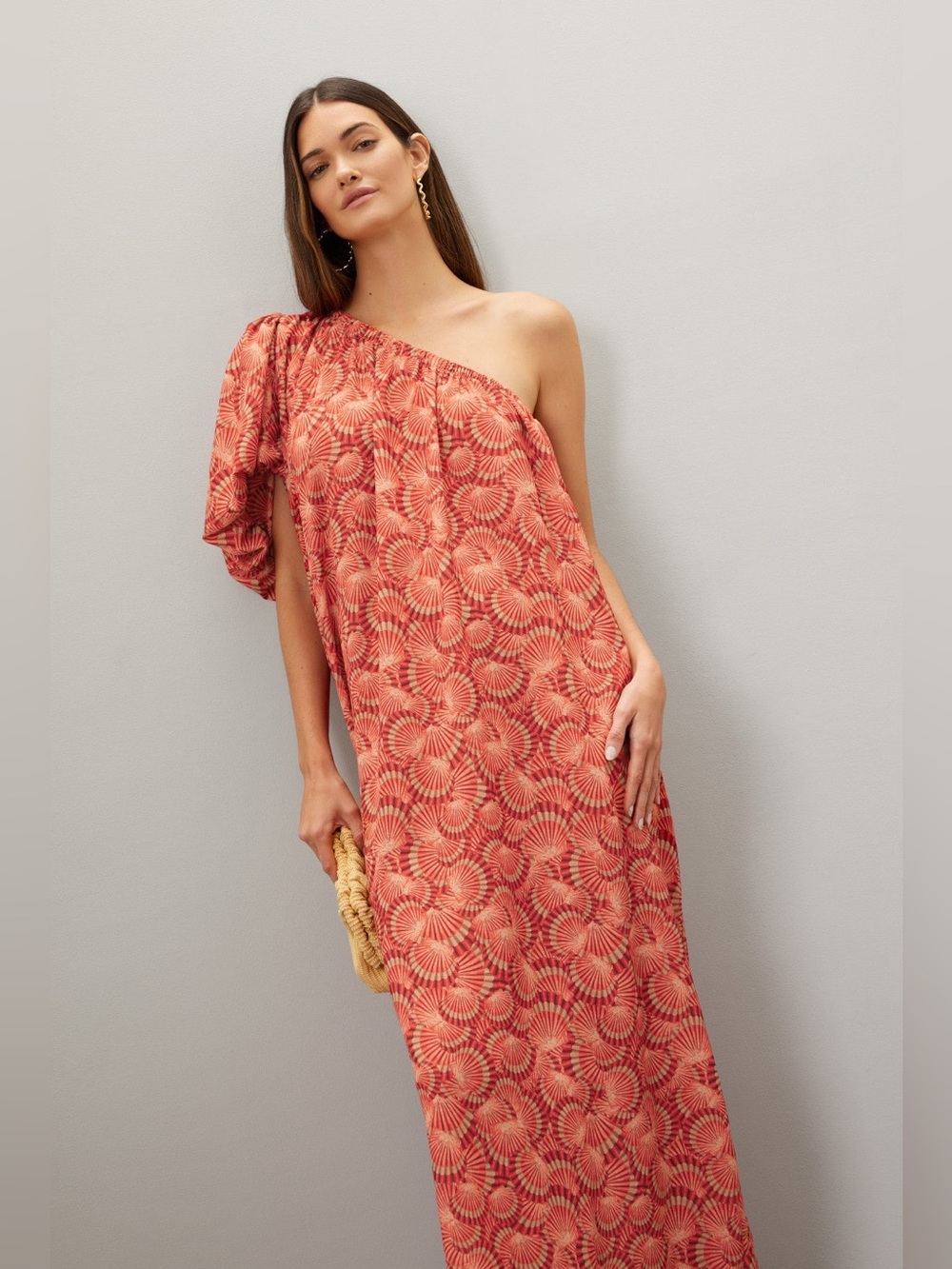 One-Shoulder Coral Patterned Maxi Dress